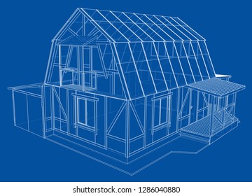 3D rendering of house wireframe structure. Vector construction design