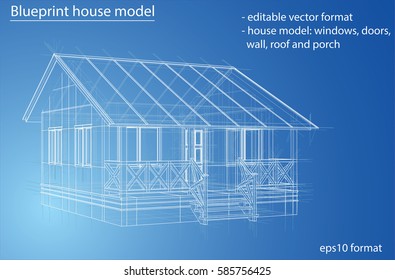 3D rendering of house wireframe structure. Vector construction design