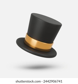 3d rendering illustration of a Cylinder magic hat with golden ribbon. Cute cartoon style. Vintage man fashion and magic show concept. Vector art isolated on white background