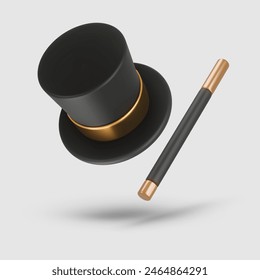 3d rendering illustration of a Cylinder magic hat with golden ribbon and fairytale wand. Vintage man fashion and magic show concept. Vector art isolated on white background