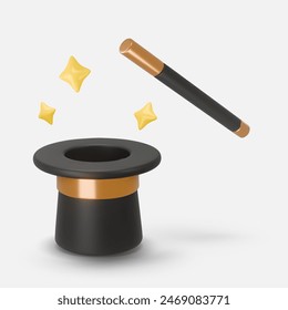 3d rendering illustration of a Cylinder magic hat with golden ribbon and fairytale wand with a yellow, golden stars around. Vintage man fashion and magic show concept. Vector art isolated on white