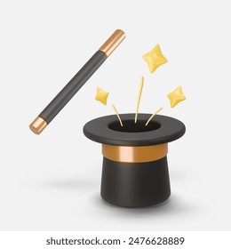 3d rendering illustration of a Cylinder magic hat with golden ribbon and fairytale wand with a yellow, golden stars around. Vintage man fashion and magic show concept. Vector art isolated on white