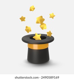 3d rendering illustration of a Cylinder magic hat with golden ribbon and fairytale yellow, golden stars around. Vintage man fashion and magic show concept. Vector art isolated on white