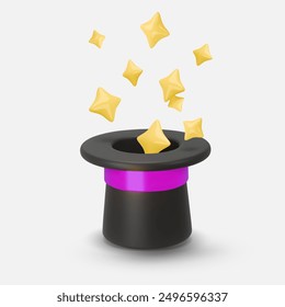 3d rendering illustration of a Cylinder magic hat with golden ribbon and fairytale yellow, golden stars around. Vintage man fashion and magic show concept. Vector art isolated on white