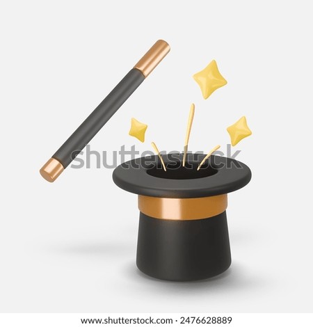 3d rendering illustration of a Cylinder magic hat with golden ribbon and fairytale wand with a yellow, golden stars around. Vintage man fashion and magic show concept. Vector art isolated on white