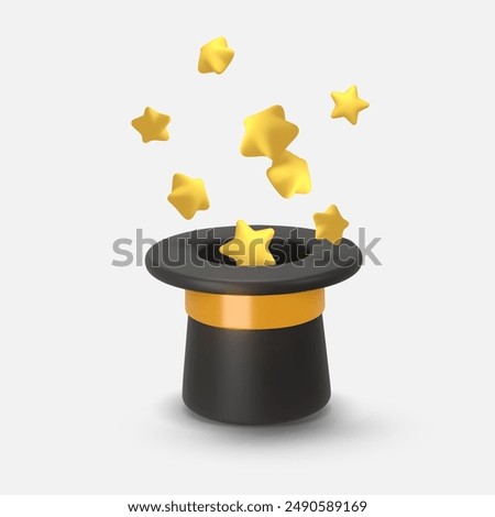 3d rendering illustration of a Cylinder magic hat with golden ribbon and fairytale yellow, golden stars around. Vintage man fashion and magic show concept. Vector art isolated on white