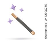 3d rendering illustration of a magic fairytale black wand with a stars around. Cute cartoon style. Vintage Magician, wizard show concept. Vector art isolated on white. Web site and mobile app design