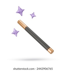 3d rendering illustration of a magic fairytale black wand with a stars around. Cute cartoon style. Vintage Magician, wizard show concept. Vector art isolated on white. Web site and mobile app design