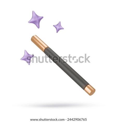 3d rendering illustration of a magic fairytale black wand with a stars around. Cute cartoon style. Vintage Magician, wizard show concept. Vector art isolated on white. Web site and mobile app design