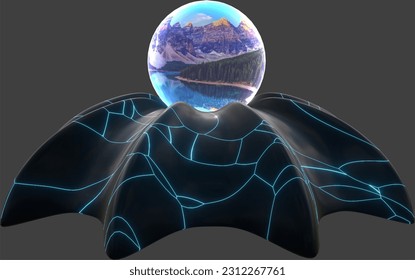 3D Rendering Illustration of Sink Pearl with a Glowing Photo and Curvy Blue Lights on a Solid Background