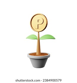 3D rendering. 3D illustration tree with flowers, gold coins, collect points in a pot. white background The concept of saving money for long-term investment