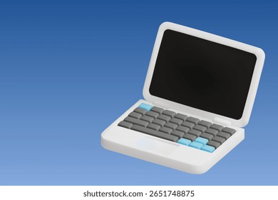 Representación 3D de un portátil sobre un fondo azul.