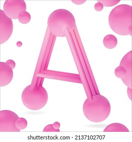 3d rendering letters A. Futuristic font. Vector modern pink background with molecular and atom symbol.