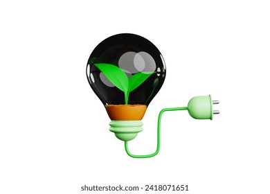 3D-Rendering Eine Glühbirne mit einer eingebauten Anlage und einem einsatzbereiten Netzstecker. Umweltfreundliches Energiekonzept