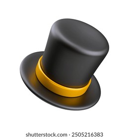 3D rendering of a magic hat with a gold ribbon around it. Realistic illustration of the black magician cylinder. Headwear for magic tricks and magic show concept. Magic equipmentd on white background