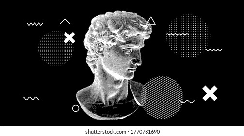 3D rendering of Michelangelo's David head in pixel art 8-bit style. Concept of Academic art and classical fine arts in modern contemporary stylization.
