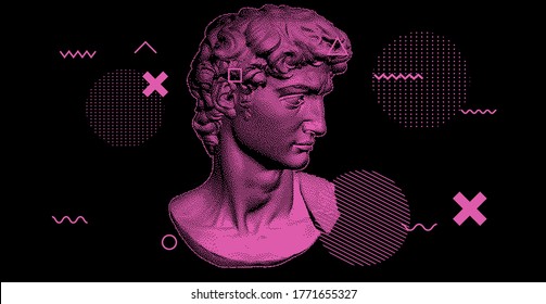 3D rendering of Michelangelo's David head in pixel art 8-bit style. Concept of Academic art and classical fine arts in modern contemporary stylization.