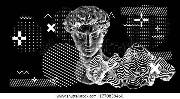 3D rendering of Michelangelo\'s\
David head in pixel art 8-bit style. Concept of Academic art and\
classical fine arts in modern contemporary\
stylization.