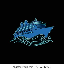 3d rendering of a modern cruise ship with illuminated deck lights and waves below in night sky