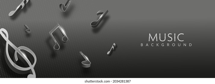 3D Rendering Music Notes Decorated On Black Stripe Pattern Background. Banner Or Header Design.