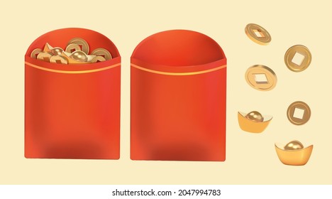 3d rendering New Year red envelopes isolated on a yellow background, one full of gold ingot and shiny coins and one empty
