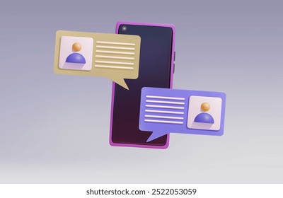 Renderização 3D de comunicação on-line entre usuários em um smartphone usando redes sociais.