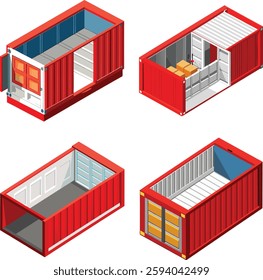 3d rendering of open empty red barge container with white insides standing isolated on white background. International shipping trade. Intermodal freight transport.
