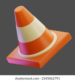3d rendering of an orange and white striped traffic cone facing left. isolated 3d illustration with background. concept of construction, repair, highway etc