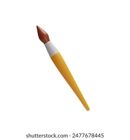 3D rendering paint brush. Artist symbol of color painting. Draw tool for education at school, acrylic work, art hobby. Vector illustration in cartoon plastic style. Wooden paintbrush drawing object