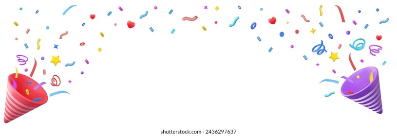 3D Rendering of party popper and confetti with copy space. Birthday surprise. Firecracker with serpentine. Holiday and event celebration. 3d rendering. Vector illustration