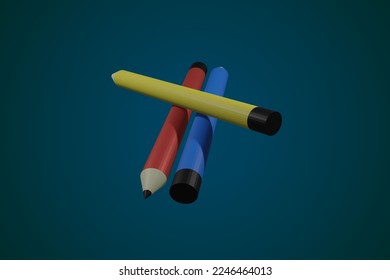 Lápiz de representación 3d con color azul, rojo y amarillo en el fondo aislado
