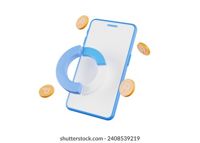 3D rendering. Phone floating in mid-air with coins around and money spending graph. business investment concept