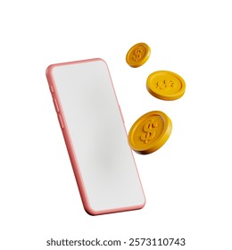 3D rendering, phone with gold coins floating next to it, 3D illustration