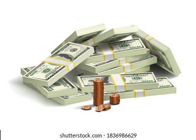 3D rendering of pile of 100 dollar banknote wads and coins on white background. Realistic american money bills, economy and finance concept. Vector illustration