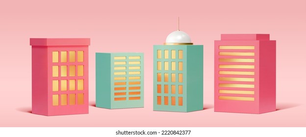 3D Rendering pink and light green skyscrapers in minimal style isolated on pink background.