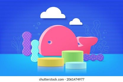 3d rendering of podium and abstract geometric with empty space for kids or baby product.