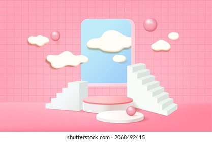 3d rendering of podium and abstract geometric with empty space for kids or baby product.