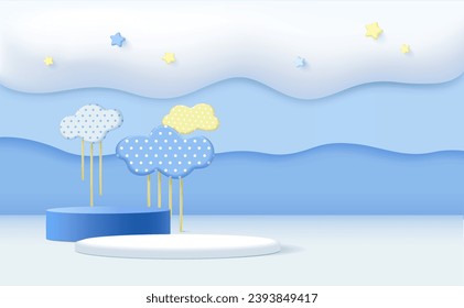 3D rendering podium with color pastel background, clouds and weather with space for kids or baby product
