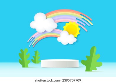 3D rendering podium with color pastel background, clouds and weather with space for kids or baby product
