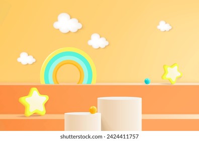 3D rendering podium with color pastel background, clouds and weather with space for kids or baby product
