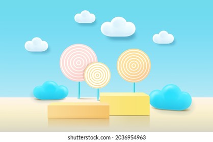 3D rendering podium, colorful pastel background, clouds and weather with empty space for kids or baby product
