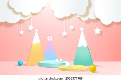 3D rendering podium, colorful pastel background, clouds and weather with empty space for kids or baby product