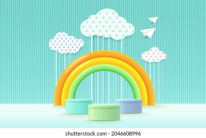 3D rendering podium, colorful pastel background, clouds and weather with empty space for kids or baby product