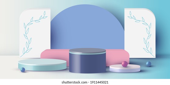 3D-Darstellung mit Podium-Zylinder, Kugel, Rechteck abstrakte minimale Szene mit geometrischen Plattform auf blauem Hintergrund. Stell, um Kosmetikprodukte zu zeigen. Studioaufnahme auf dem Fußboden, modernes 3D-Studio