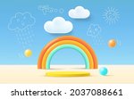3D rendering podium kid style, colorful background, clouds and weather with empty space for kids or baby product
