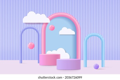 3D rendering podium kid style with colorful pastel background, clouds and weather with empty space for kids or baby product
