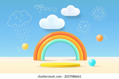 3D rendering podium kid style, colorful background, clouds and weather with empty space for kids or baby product - Shutterstock ID 2037088661