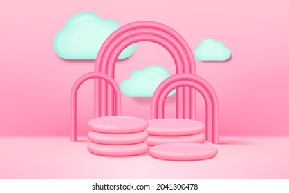 Estilo de niño de podio de representación 3D con fondo de color rosa, nubes y espacio vacío para niños o productos para bebés
