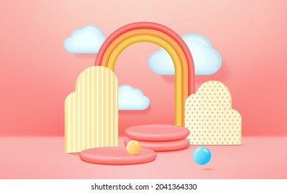 3D rendering podium kid style with colorful pastel background, clouds and weather with space for kids or baby product
