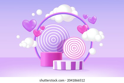 3D rendering podium kid style with pastel background, clouds and weather with empty space for kids or baby product
